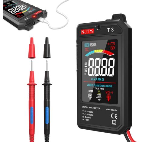 Multimètre Numérique Intelligent, Voltmètre Ultra-Mince Rechargeable avec Écran LCD Couleur de 3,2 Pouces, Testeur CA/CC 600 V à Gamme Automatique pour Mesure de Résistance, Détection NCV et Détection