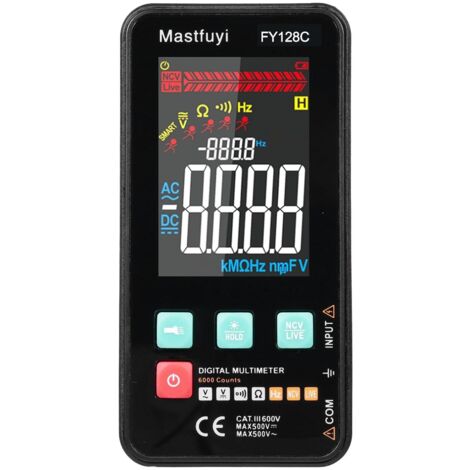 Multimètre numérique, multimètre numérique intelligent FY128C avec support testeur électrique intelligent compact 5999 points LCD rétroéclairé mesure tension AC/DC résistance continuité de fréquence