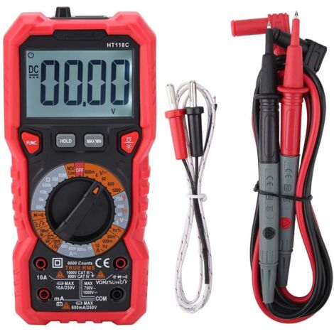 Multimètre numérique portatif HT118C, testeur de température AC/DC Volt Amp Ohm, capacité Hz avec lampe de poche