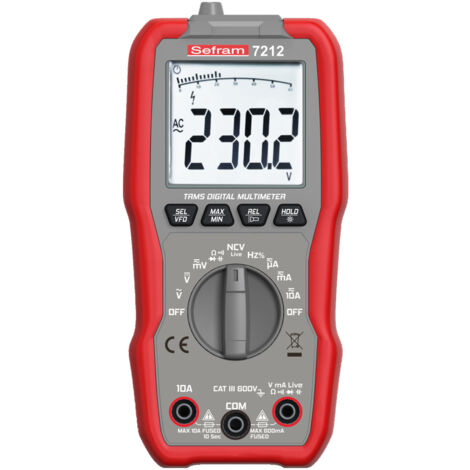Multimètre numérique SEFRAM7212 – 600V AC/DC – 10A – CAT III – Grand écran LCD rétroéclairé – Détection de tension sans contact