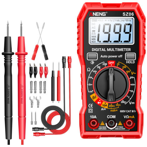 Multimètre numérique, testeur de tension et de résistance AC/DC, sélection automatique de la gamme, mesure la tension AC/DC, le courant DC, la résistance (ohms), les diodes et signal sonore(rouge)