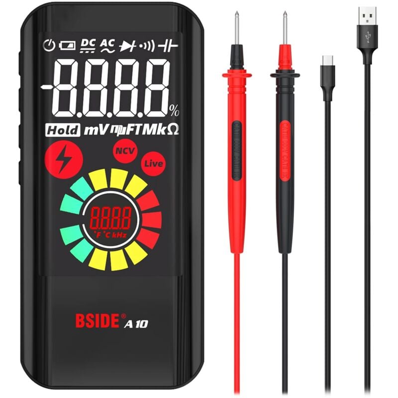 Durficst - A10 Mini Multimètre Numérique Rechargeable Grand lcd Couleur 6000 Comptes Testeur Automatique de Tension Résistance et Continuité, Testeur