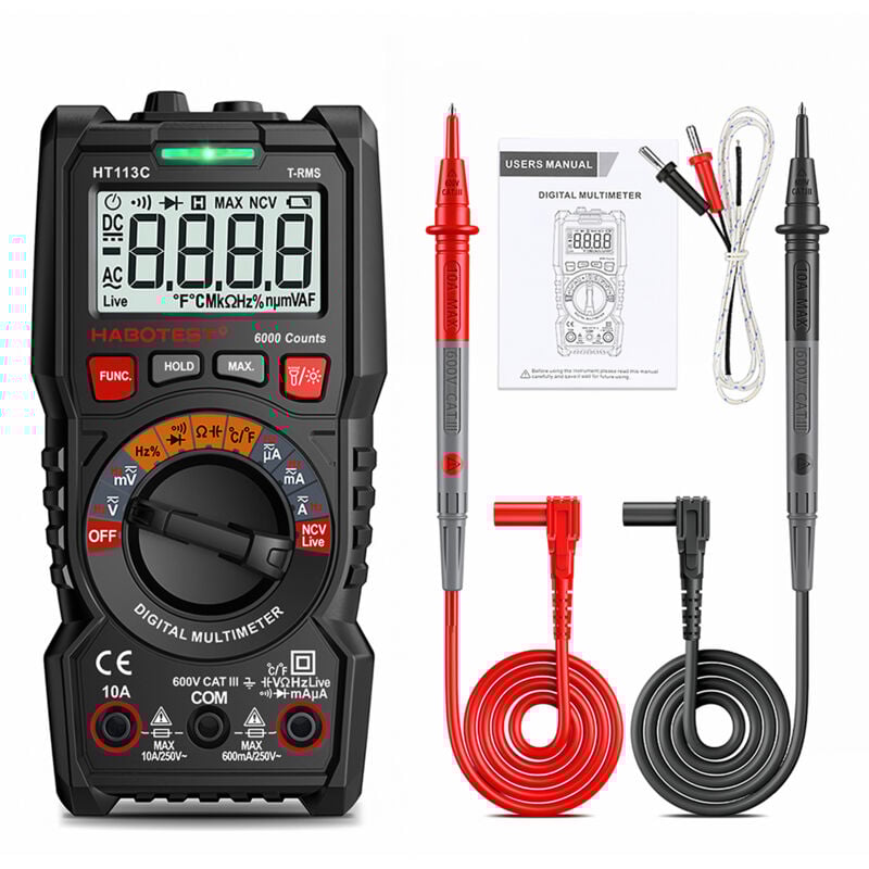 Ultrixe - Multimètre Numérique Digital, Écran lcd, 6000 Comptes, testeur multifonction avec tests de résistance, continuité, capacité, fréquence et