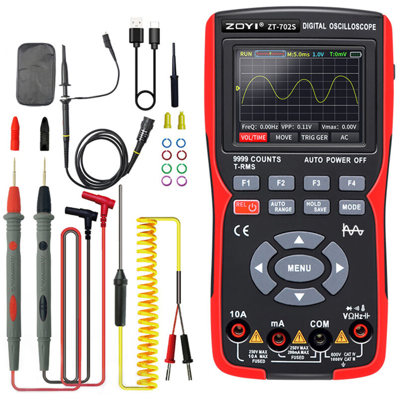 Multimètre Oscilloscope numérique 2 en 1, taux d'échantillonnage 48MSa/s, bande passante 10Mhz, 9999 points, True rms, écran couleur ips 2.8 pouces