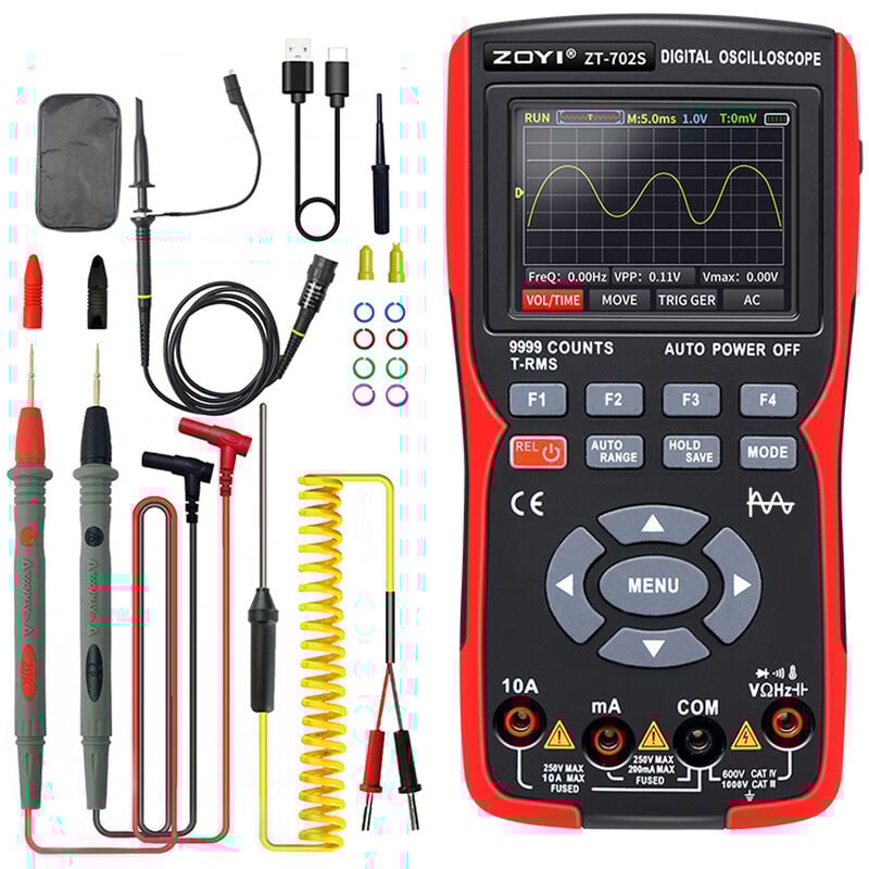 Multimètre Oscilloscope numérique 2 en 1, taux d'échantillonnage 48MSa/s, bande passante 10Mhz, 9999 points, True rms, écran couleur ips 2.8 pouces