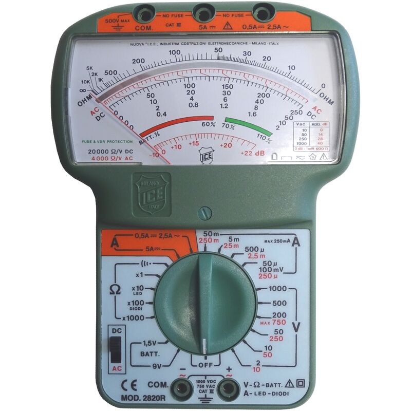 Image of Multimetro analogico ICE 2820R - Funzioni: tensione dc, tensione ac, corrente dc, corrente ac, resistenza, capacità, decibel, test di continuità,
