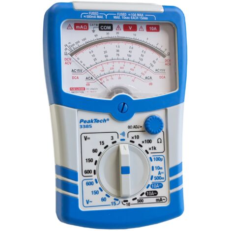 Multimetro analogico PeakTech P 3385, Dispositivo di misura con voltmetro, amperometro, tester di continuità, ohmetro, Fino a 600V AC DC 10A, adatto per installazioni elettriche a 230V