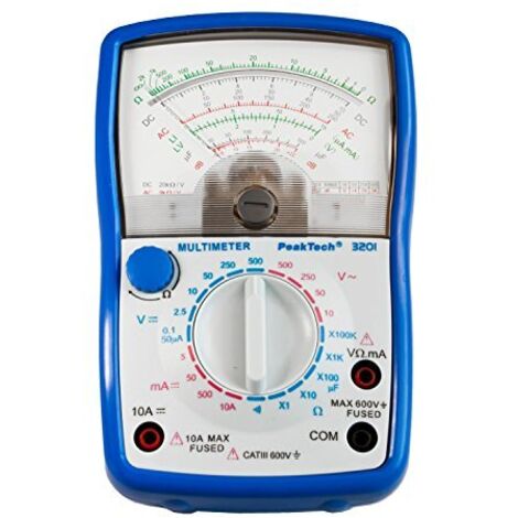 Multimetro analogico PeakTech P 3385, Dispositivo di misura con voltmetro, amperometro, tester di continuità, ohmetro, Fino a 600V AC DC 10A, adatto per installazioni elettriche a 230V
