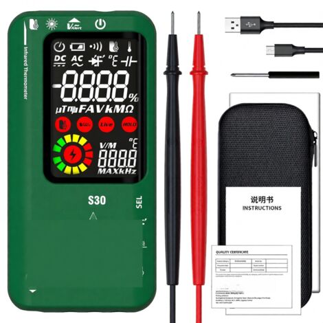 Multímetro BSIDE 4 en 1 – Termómetro infrarrojo + lápiz prueba + analizador – Pantalla LCD 3,5″ – True RMS 9999 – Portátil