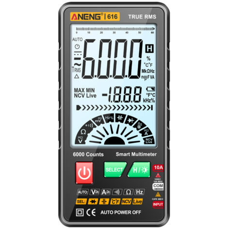 Multímetro digital ANENG 616 de 6000 cuentas True RMS – Rango automático, NCV, linterna