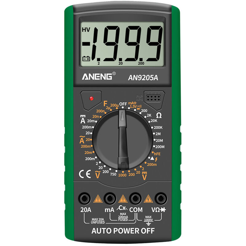 

Multimetro digital ANENG AN9205A, probador de transistor de capacitancia de resistencia CA CC amperimetro multifuncional,Verde