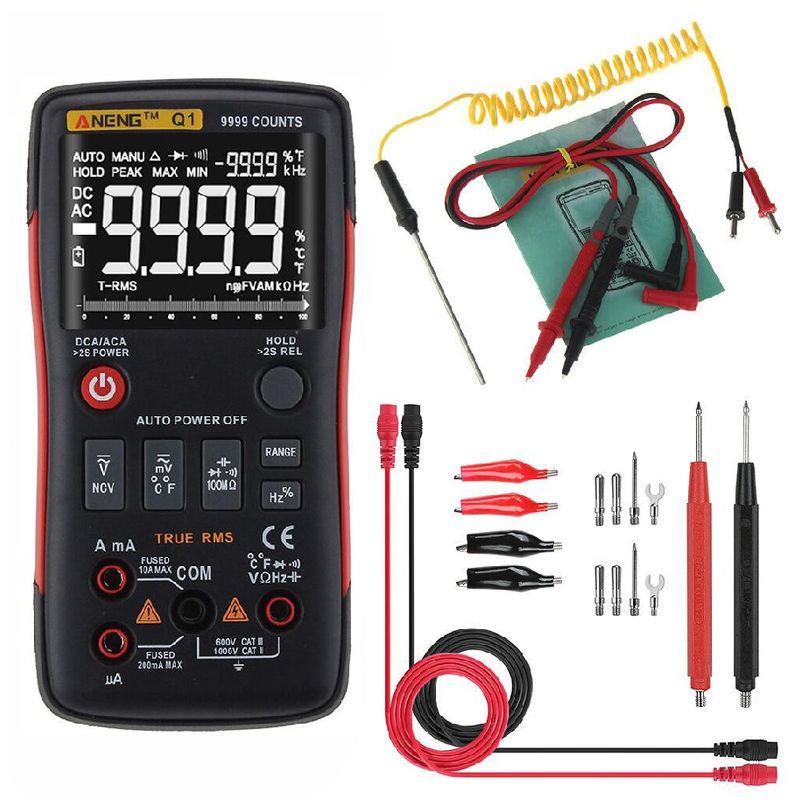 

Multímetro digital, CC Tensión de corriente AC Capacidad de resistencia NCV Temperatura Verdadero probador de diodos RMS 9999