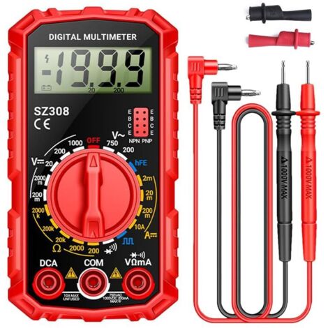 Multímetro digital, comprobador de voltaje de batería, comprobador de continuidad, ohmímetro, voltímetro, amperímetro, voltaje CA/CC, resistencia, corriente, transistor, pantalla LCD grande y retroilu