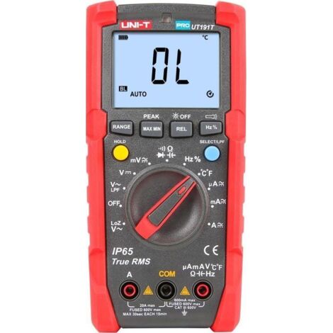 Multímetro digital con función True RMS - Medición de voltaje en DC y AC hasta 600V - Medición de intensidad en DC y AC hasta 20A - Medición de resistencia, capacitancia y frecuencia - Buzzer para tes