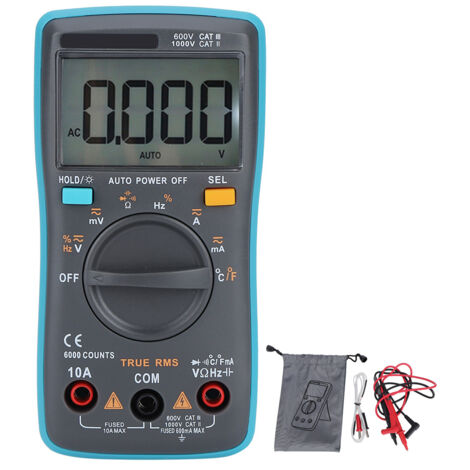 Multímetro digital con medición RMS real y selección automática de rango, voltímetro CA/CC, medición de resistencia y capacitancia para electricistas.