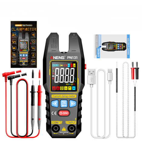 Multímetro digital de pinza recargable PN131, 4000 cuentas, comprobador de voltaje/corriente CA/CC, verdadero valor eficaz (True RMS), selección automática de rango, función NCV, carga USB-C.