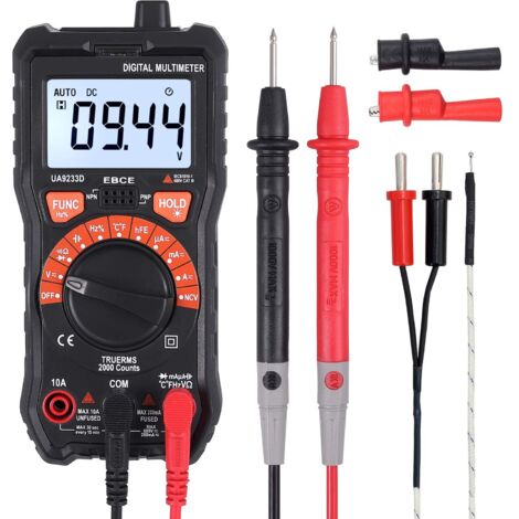 Multímetro digital de verdadero valor eficaz con pinza de cocodrilo: comprobador de CA/CC, voltímetro, resistencia, corriente, capacitancia, frecuencia y temperatura.