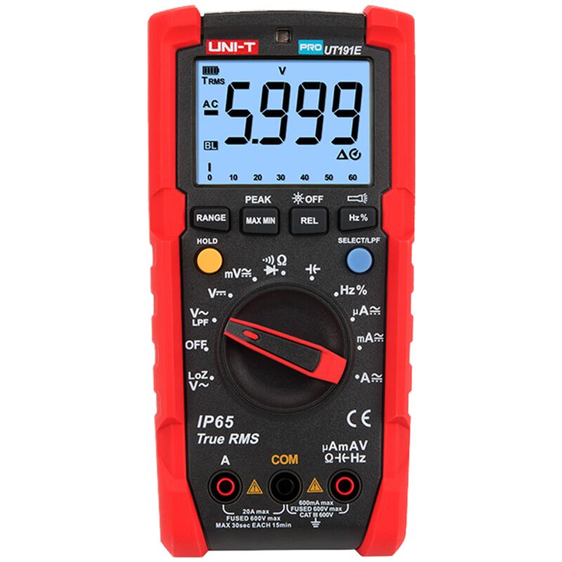 Multímetro digital Industrial True RMS - IP65 y resistente a caídas de 2 m - Medición DC y AC hasta 600V / 20 A - Linterna integrada - Medición de