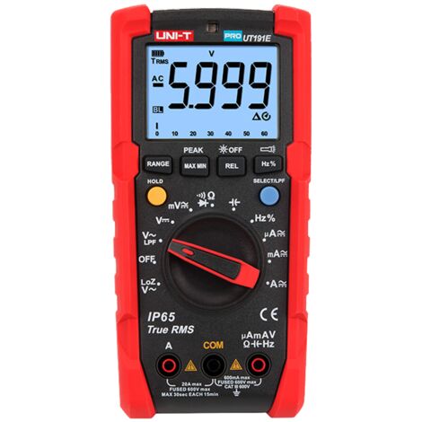 Multímetro digital Industrial True RMS - IP65 y resistente a caídas de 2 m - Medición DC y AC hasta 600V / 20 A - Linterna integrada - Medición de resistencia, capacitancia y frecuencia - Buzzer para 