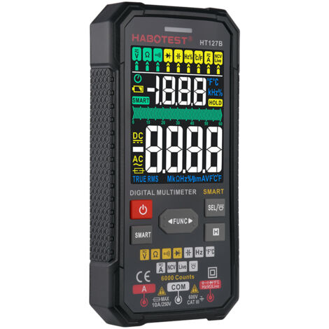 Multímetro digital inteligente HABOTEST HT127B de 6000 cuentas con pantalla VA de 3,1 pulgadas, voltímetro de 600 V, amperímetro de 6 A, capacitancia de 60 mF, prueba NCV, rango automático, verdadero 