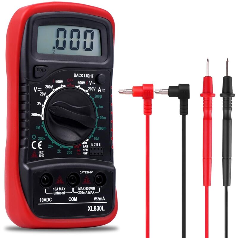 Multímetro digital portátil, comprobador eléctrico con pantalla LCD y retroiluminación azul. Mide voltaje CA/CC, ohmímetro, corriente CC,