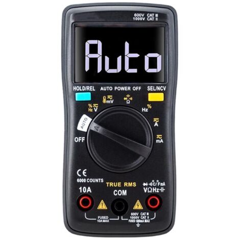 Multímetro digital True RMS de 6000 cuentas: mide CA/CC, voltaje, corriente, resistencia, capacitancia, frecuencia, temperatura y realiza pruebas de diodos.