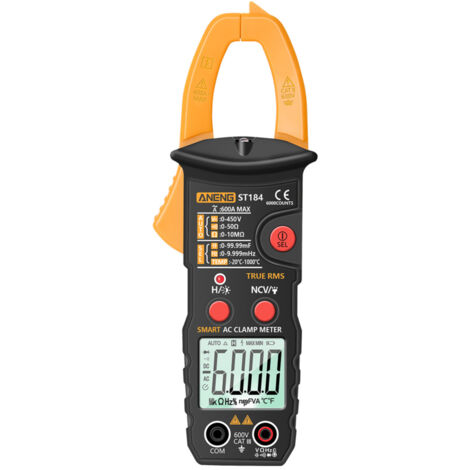 Multimetro digitale a pinza True RMS, rilevatore di tensione CC/CA, amperometro CA con funzioni di test di resistenza, capacità, NCV, continuità e temperatura.