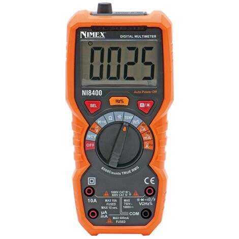 Multimetro digitale autorange 3,5 digit Nimex NI8400 CAT IV 600V - Funzioni: tensione DC, tensione AC, corrente DC, corrente AC, resistenza, capacità, frequenza, prova diodi, duty cyle, true RMS, non 