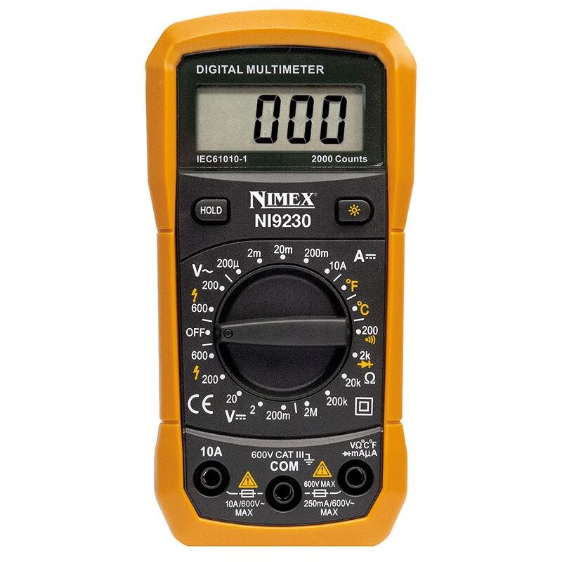 Image of Multimetro digitale autorange 3,5 digit Nimex NI9230 cat iii 600V - Funzioni: tensione dc, tensione ac, corrente dc, resistenza, temperatura, test di