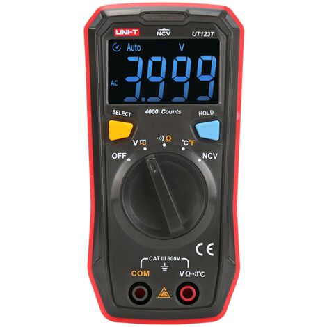 Multimetro digitale autorange UNI-T UT-123T CAT III 600V - Funzioni: tensione DC, tensione AC, resistenza, temperatura, non contact voltage, test di continuità