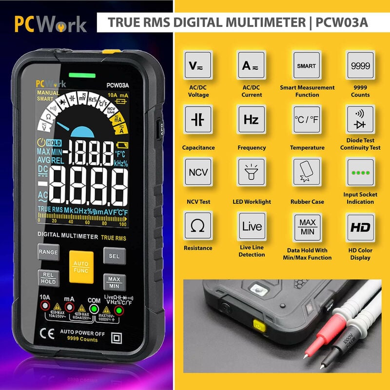 Image of Pcwork - Multimetro digitale intelligente con display a colori Hd Pcw03a