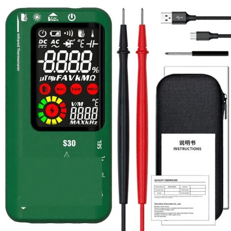 Multimetro digitale professionale 4 in 1 True RMS 9999, termometro a infrarossi, misuratore di tensione, capacità e resistenza, con schermo LCD a colori da 3,5 pollici.