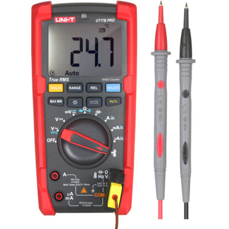 Multimetro digitale True RMS con selezione automatica della portata, alta precisione, 6000 conteggi e display LCD retroilluminato per misurazioni elettriche generiche.