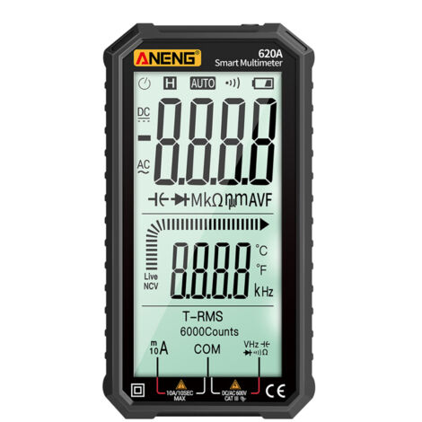 Multimetro digitale True-RMS ultraportatile, schermo LCD da 4,7 pollici, selezione automatica della portata, tester multifunzione per ampere, volt, ohm, capacità e continuità.