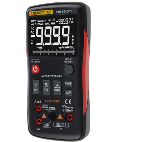 Multimetro digitale versatile con 9999 conteggi, risoluzione True RMS, mini e portatile, alta precisione, misura tensione AC/DC, corrente AC/DC, resistenza e capacità.