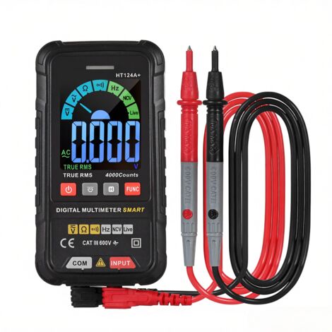 Multímetro HABOTEST HT124A+, 4000 cuentas RMS reales  600 V CA/CC  Mide voltaje, resistencia, continuidad, frecuencia, NVC  Pantalla LCD a color  Inteligente