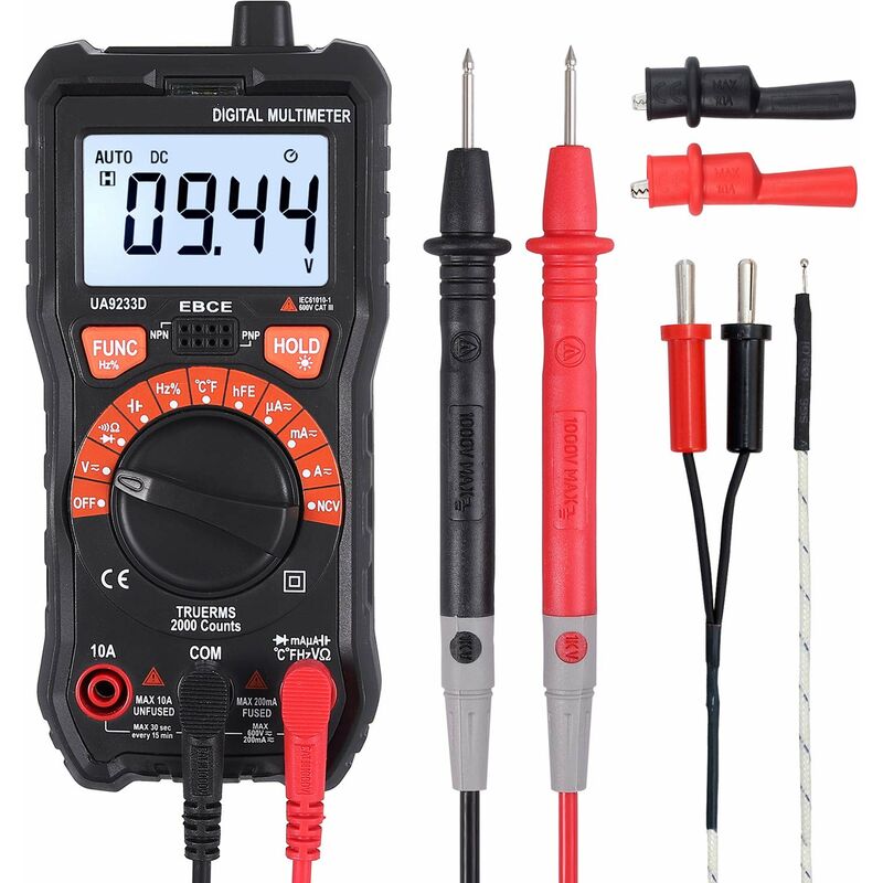 Qersta - Multimètre Numérique True rms avec Pince Crocodile - Testeur ac/dc Voltmètre Résistance Courant Capacité Fréquence Température