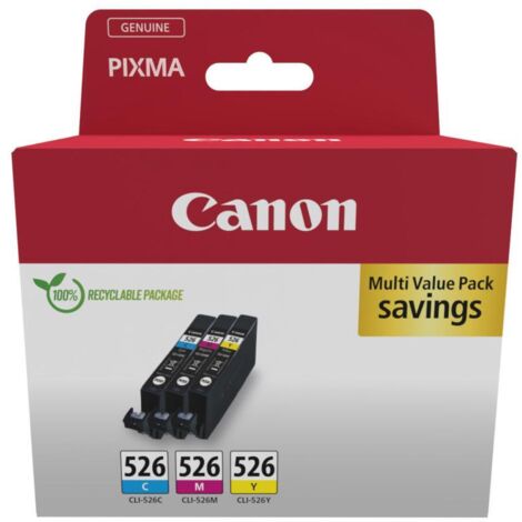 Multipack di Cartucce d'Inchiostro Originali Canon CLI-526 in Ciano, Magenta e Giallo (3 Pezzi)