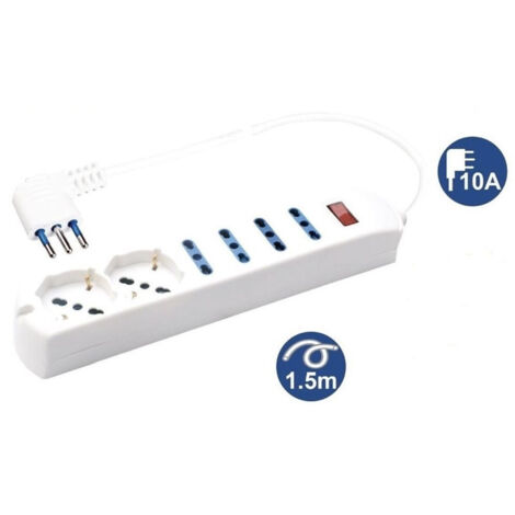 Multipresa 2 Prese Universali + 4 Bipasso 10/16a Spina 10a Cavo 1.5 Metri 80084