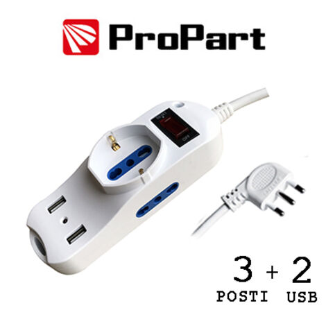 Multipresa 3pos bipasso + bipasso/schuko + USB spina16A +int