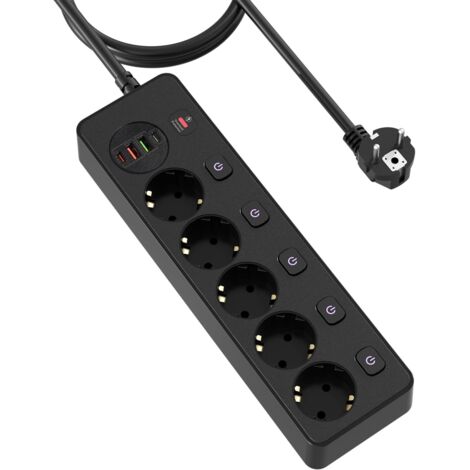 Multipresa 5 prese commutabili singolarmente, multipresa con 2 USB A e 2 USB C, 5 prese con interruttore, montaggio a parete con prolunga da 2 m, PD 20 W, nero