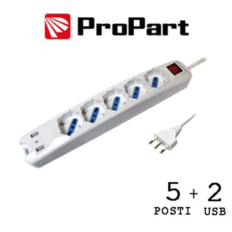 Multipresa 5pos bipasso/schuko + USB spina16A +interr.