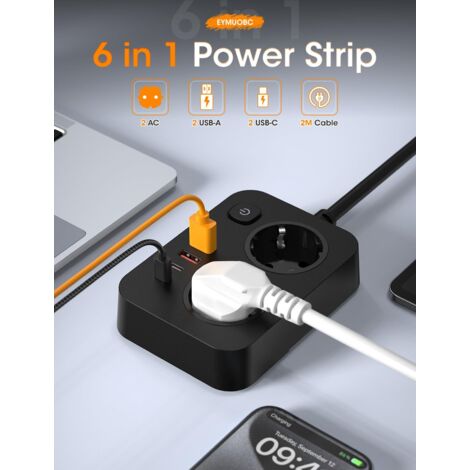 Multipresa 6 in 1 con USB-C e protezione da sovratensioni, 2 prese con interruttore e 2 porte USB/2 Type-C, cavo di prolunga da 2 m, per casa, ufficio e viaggi