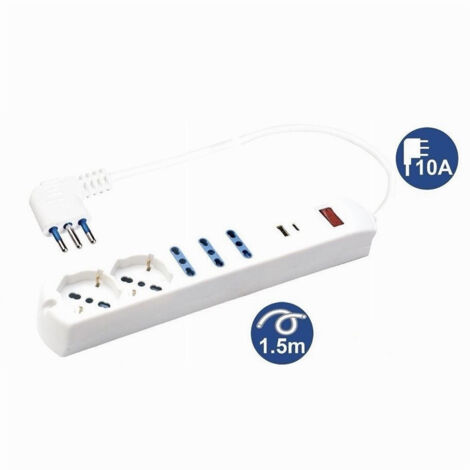 Multipresa 7 In 1 Usb A + C + 3 Prese Per Bipasso + 2 Schuko/eu Cavo 1,5mt 80080