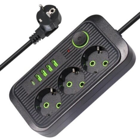 Multipresa a 3 prese con interruttore, 4 porte USB-A e 1 porta USB-C, multipresa con protezione da sovratensioni, cavo da 2 m, 10 A 2500 W, per casa e ufficio (nero)