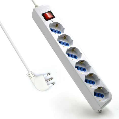 Multipresa a 6 Posti, Ciabatta Elettrica con 6 Prese Italiane 10A e Schuko (Tedesche) - Spina Italiana 10A - Potenza 250V/2500W - Cavo da 5 Metri, Prese Angolate a 45°