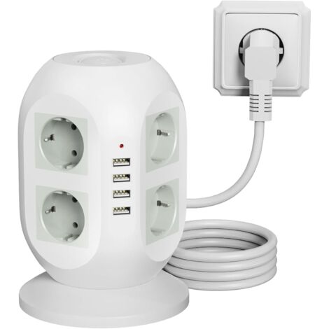 Multipresa a 8 prese con 2 porte USB, protezione da sovratensioni (2160J), prolunga da 2 metri, doppio interruttore per casa e ufficio (bianco)