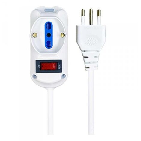 Multipresa Ciabatta Elettrica a 3 Posti 2 Prese 10A/16A + 1 Presa 10A/16A Bipasso Schuko con Interruttore e Spina 10A Cavo 5m Bianco