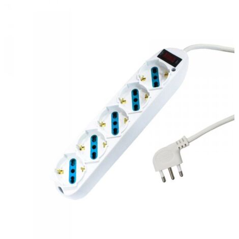 Multipresa Ciabatta Elettrica Cavo 5M Con 5 Posti Prese Universale 10/16A Schuko e Interruttore Spina 10A Laterale Bianco