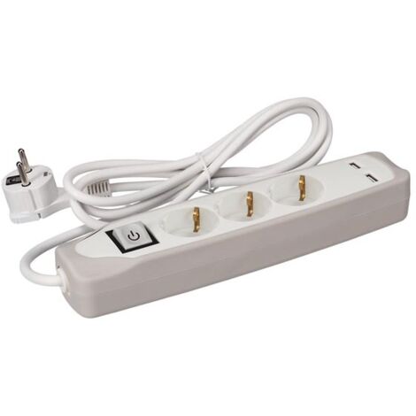 Multipresa con interruttore - 3 prese - 2 porte USB - Grigio/bianco - Schuko